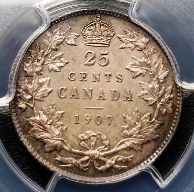 1907 Canada Silver 25 Cents Quarter ***PCGS Graded MS-64*** Great Detail