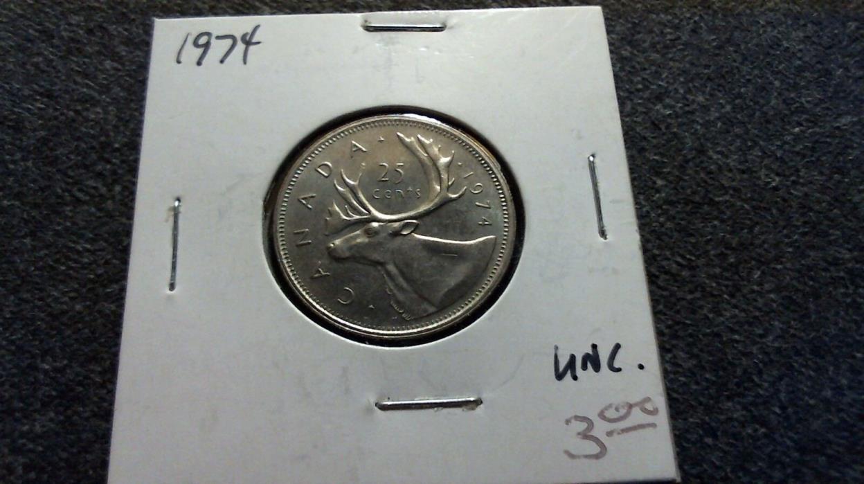 CAN 1974 25c piece in 2 x 2 holder unc semi-rare