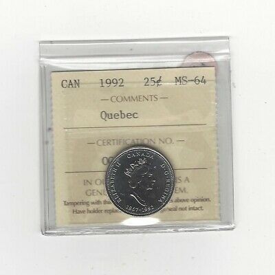 **1992 Quebec** ICCS Graded Canadian,25 Cent, **MS-64**