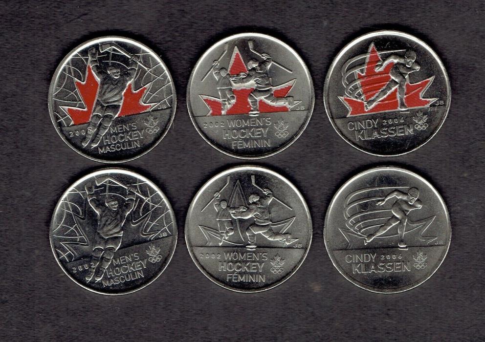 CANADA 2009 25c olymp. HOCKEY (2)+CLASSON (1) (6 used coins XF, col.+non-col.)
