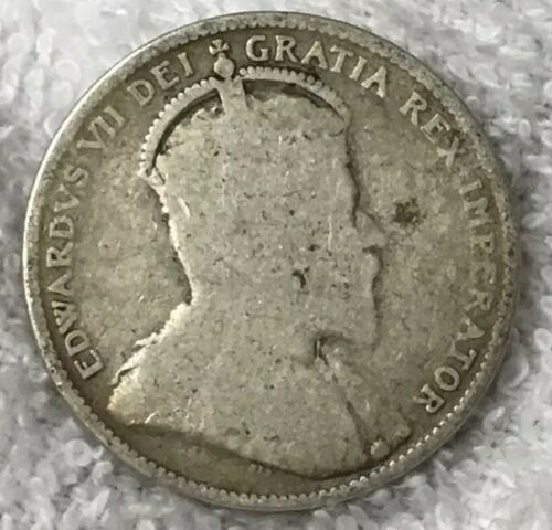 1909 Canada Antique Silver Coin, 25 Cent, Quarter, King Edward Crowned