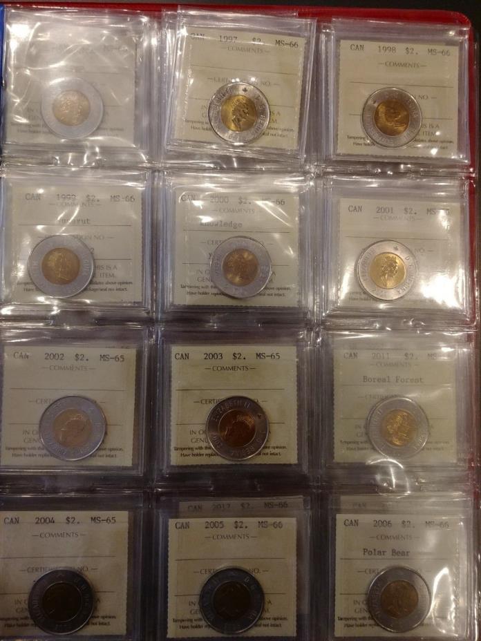 Collection ICCS graded Canada $2 toonies, all MS-65 or MS-66, no NBU, great set