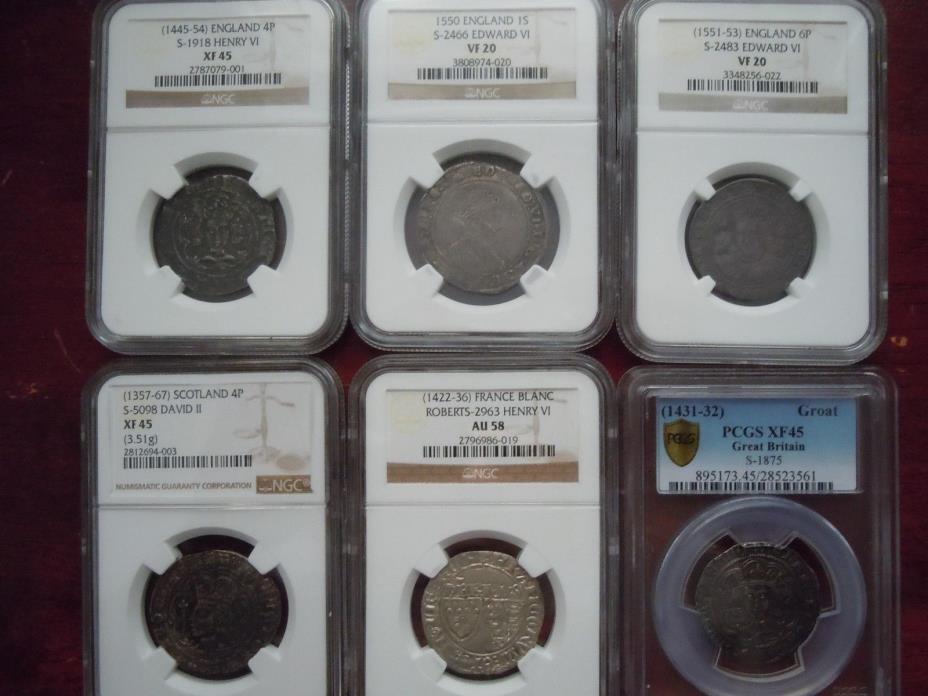 6 NGC/PCGS GRADED MEDIEVAL HAMMERED BRITISH COINS (1357-1553)