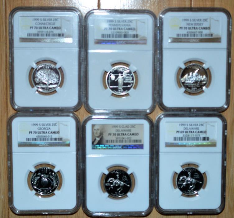 1999-S-Silver/Clad State Quarters, GA,PN,NJ,CN & DEL Pf70 & Pf 69-Lot of 6 Coins