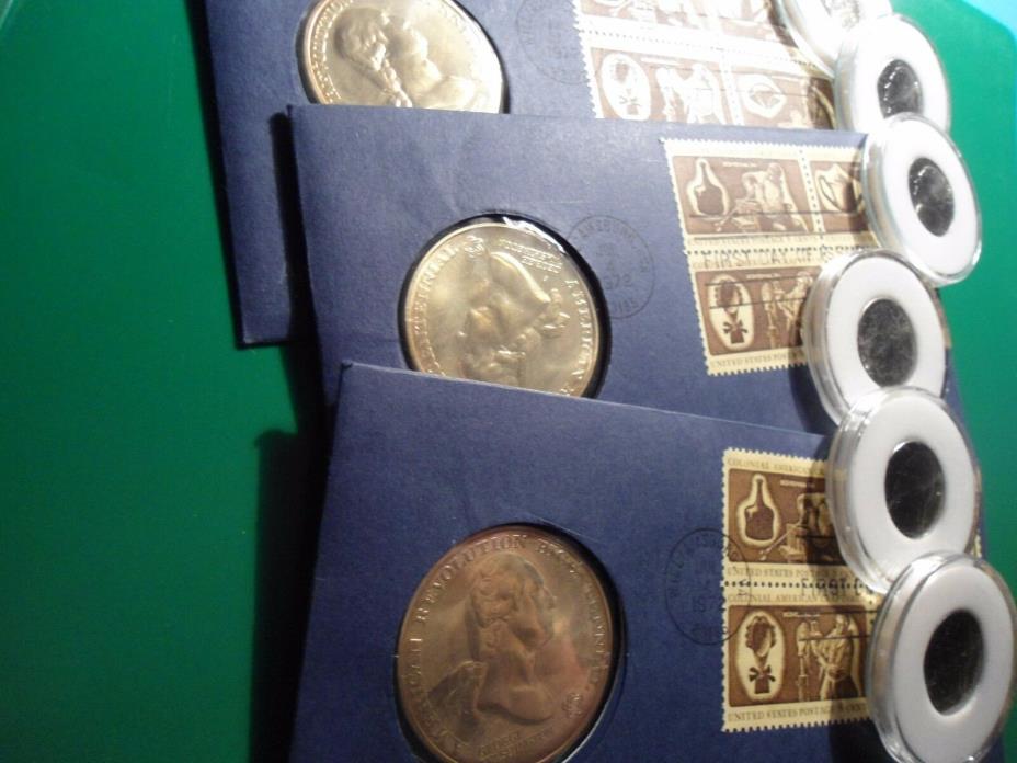 Lot of 3 Bicentennial Medals with Stamps and 6 Uncirculated 2004 Nickels.