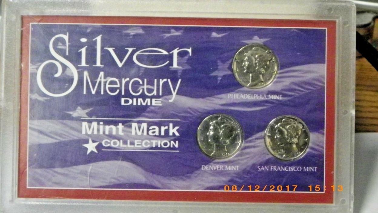 3  SILVER MERCURY DIME MINT MARK COLLECTION IN A HOLDER P D S Mercury Dimes