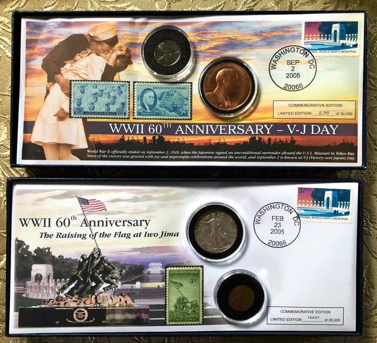 WWII 60th Anniversary Commemorative Coin & Stamp Sets / Iwo Jima / V-J / NEW