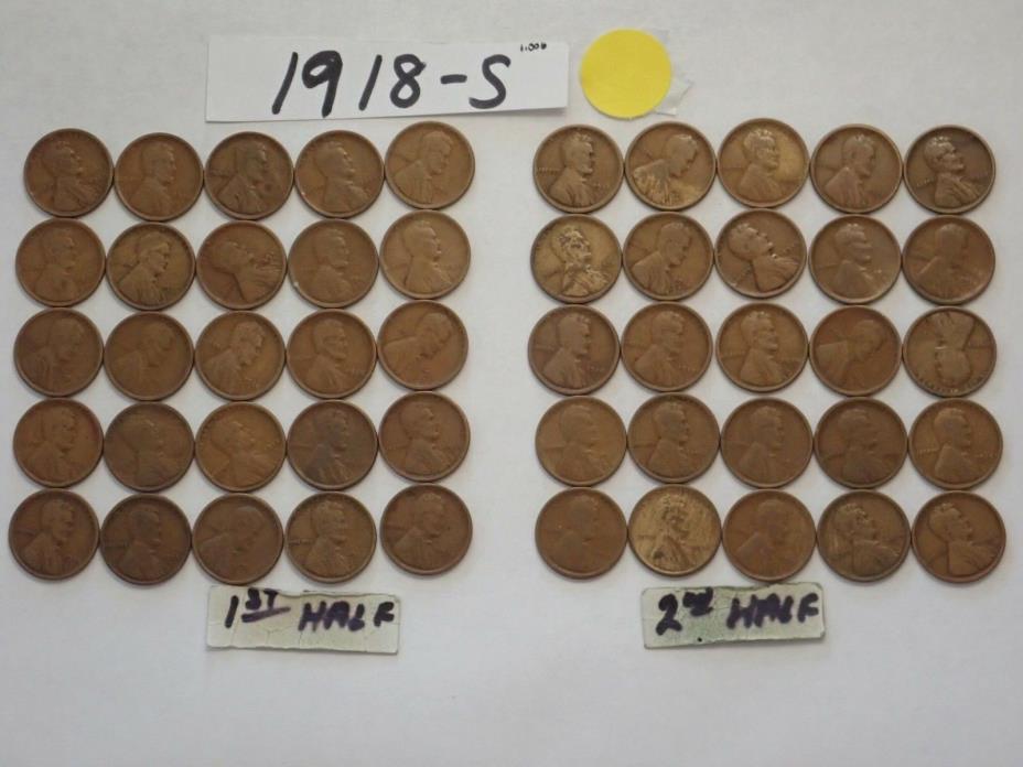 1918-S SOLID DATE PENNIES=ROLL 50 LINCOLN WHEAT CENTS