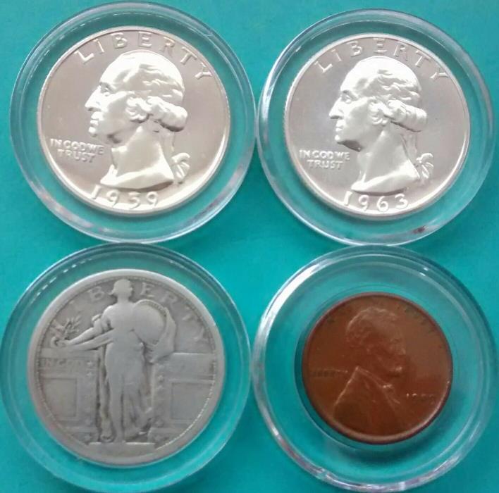 4 U.S. Coins - 2-Quarter Proofs, 1909-vdb Cent, 1917 Standing Liberty Quarter