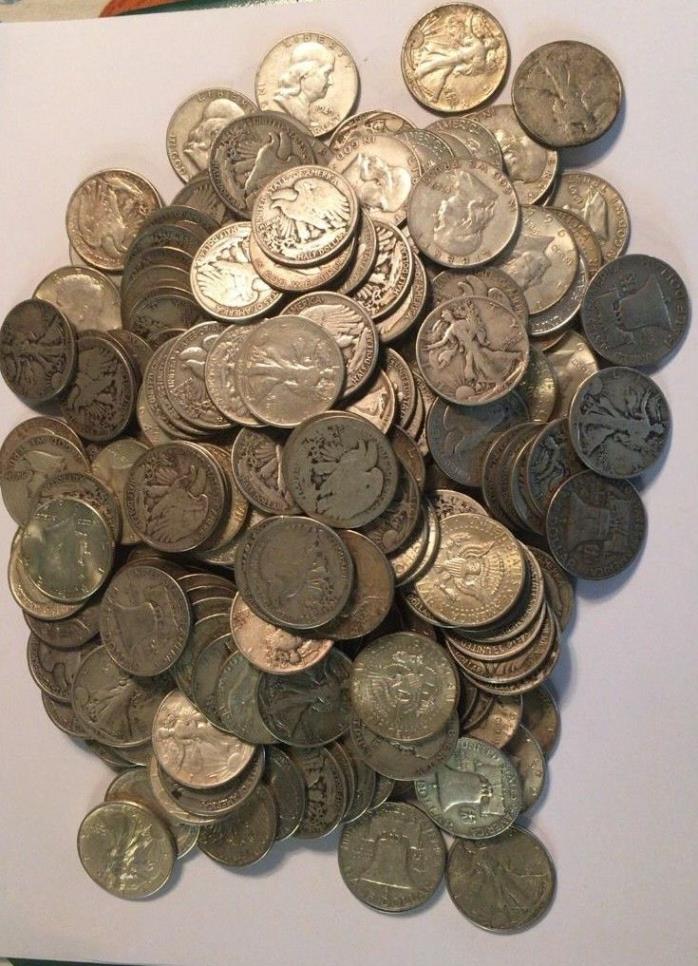 $100 FACE SILVER HALVES WALKERS FRANKLINS AND KENNEDY HALVES NICE SELECTION 90%
