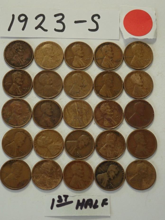 1923-S SOLID DATE PENNIES= HALF ROLL 25 LINCOLN WHEAT CENTS