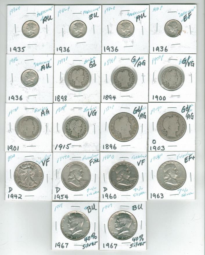 Lot of 18 US Silver Coins 5 Mercury 7 Barber 1 Walker 3 Franklin 2 Kennedy