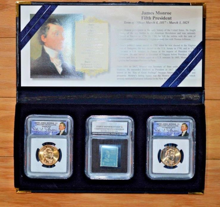 2008 James Monroe Presidential Golden Dollar - Coin and Stamp Collection