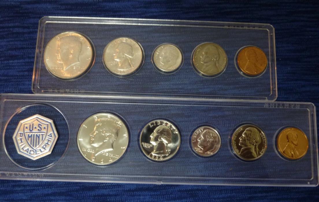 1964D US Mint Uncirculated & 1964 Proof Coin Sets ~ 90% Silver Half, Qtr, Dime