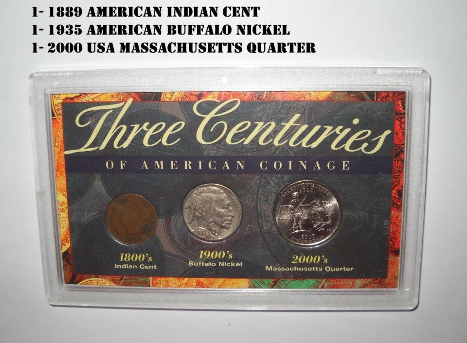 1889 Indian cent, 1935 Buffalo nickel 2000 massachusetts Quarter Three Centuries