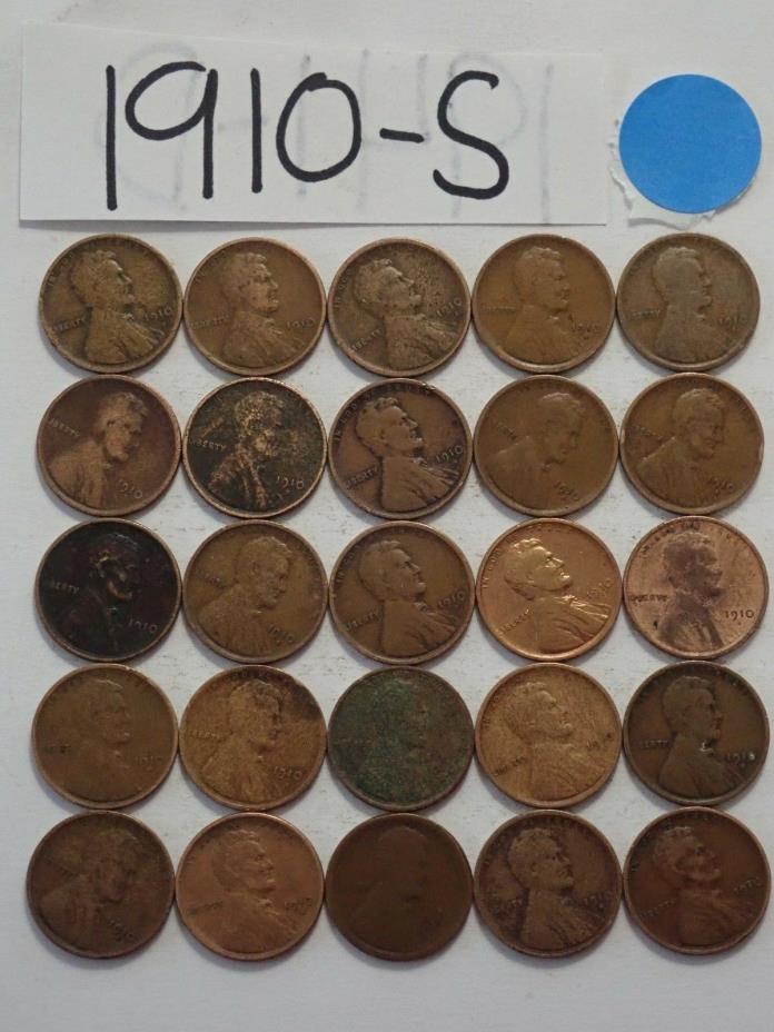 1910-S SOLID DATE 25 PENNIES= HALF ROLL OF LINCOLN WHEAT CENTS **KEY DATE**