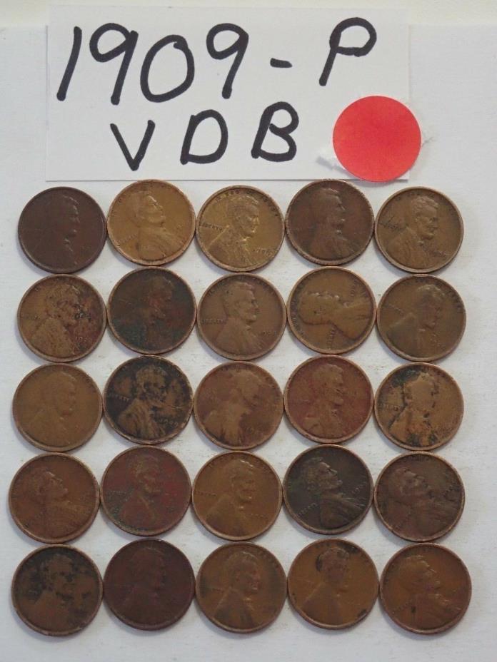 1909-P VDB  SOLID DATE 25 PENNIES= HALF ROLL  LINCOLN WHEAT CENTS  *KEY DATE!*