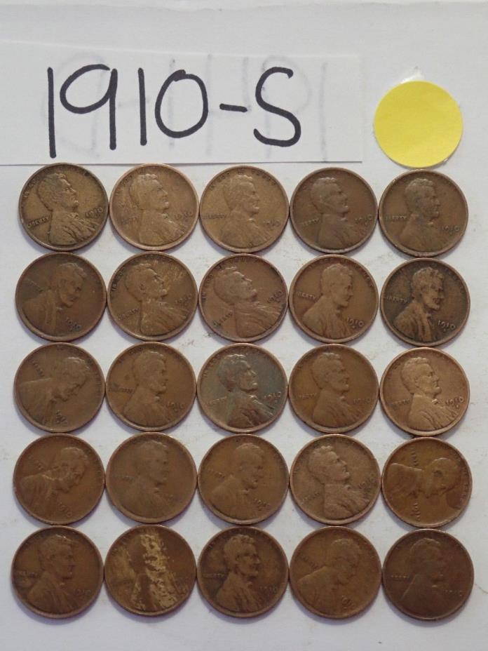 1910-S SOLID DATE 25 PENNIES= HALF ROLL OF LINCOLN WHEAT CENTS **key date**