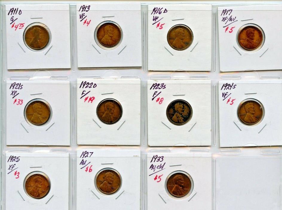 11 DIFFERENT 1911-1933  LINCOLN WHEAT CENTS -G/EXTRA FINE - $97 VALUE