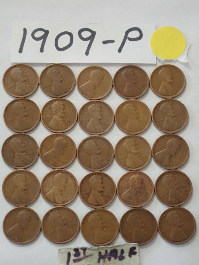 1909-P SOLID DATE 25 PENNIES= HALF ROLL OF LINCOLN WHEAT CENTS