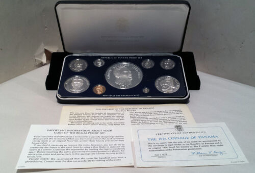 1976 SILVER REPUBLIC OF PANAMA PROOF 9 COIN BOXED SET WITH COA FRANKLIN MINT