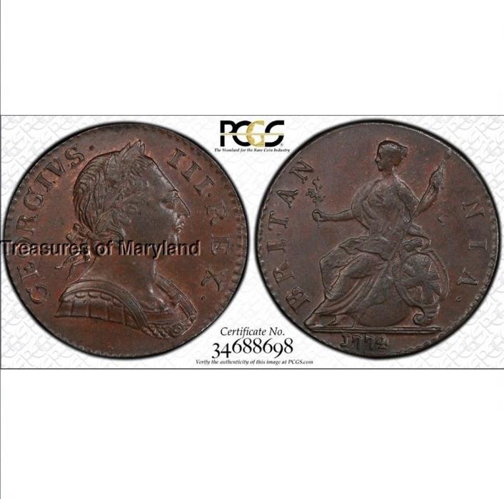PCGS MS63 BN 1774 Revolutionary War Great Britain Colonial Halfpenny ($1400+)