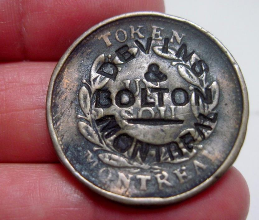 (1835-38) CANADA TOKEN w/COUNTERMARK (DEVINS & BOLTON MONTREAL) UN SOU --RARE--