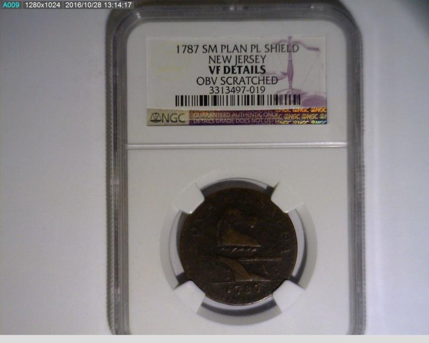 1787 New Jersey Copper Sm Plan Pl Shield NGC VF Details Scratch ( 4-186 )