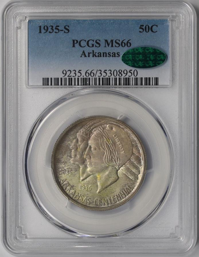 1935-S Arkansas 50C PCGS/CAC MS 66 (Toned) Silver Commemorative Half Dollar