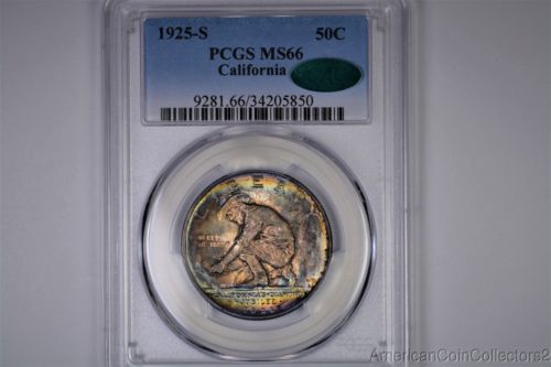 Rainbow Tone 1925-S California Commemorative Silver Half Dollar .50c PCGS 66 CAC