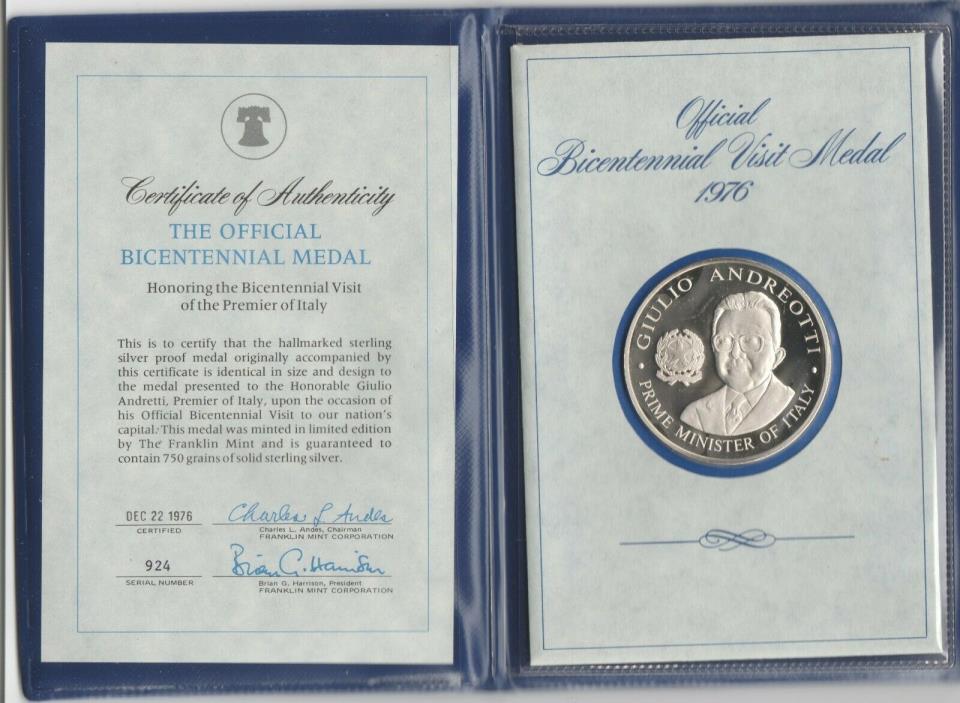 1976 Giulio Andretti Premier of Italy Bicentennial Visit USA Silver Coin & COA