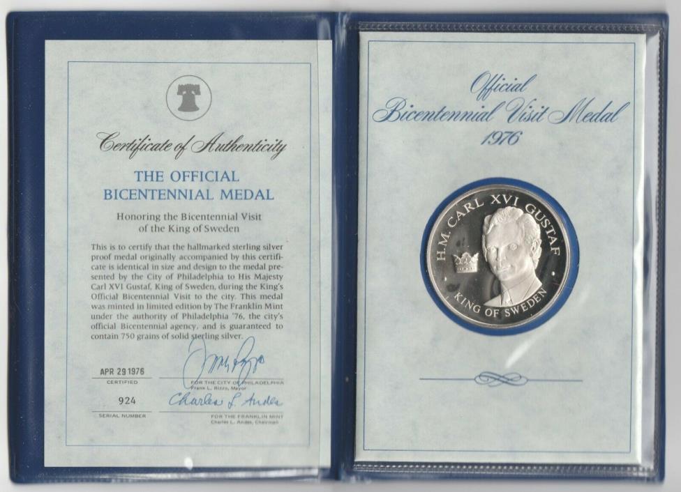 1976 King of Sweden Carl XVI Gusaf Bicentennial Visit USA Silver Coin & COA
