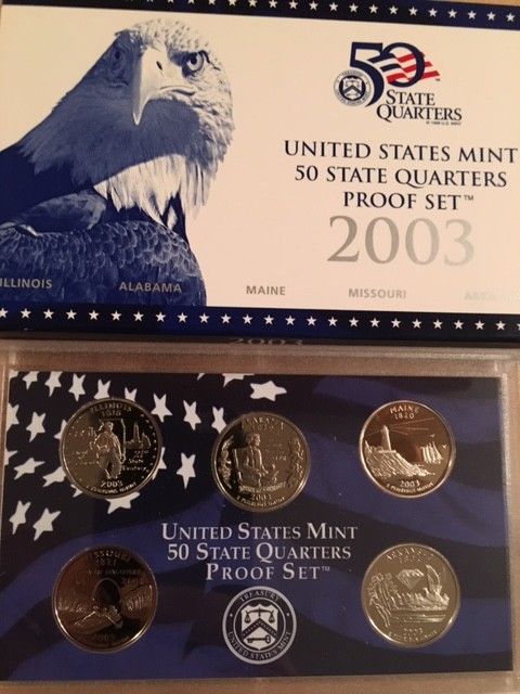 2003-S UNITED STATES PROOF COIN SET 50 STATE QUARTERS 5 COIN SET, COA And Box
