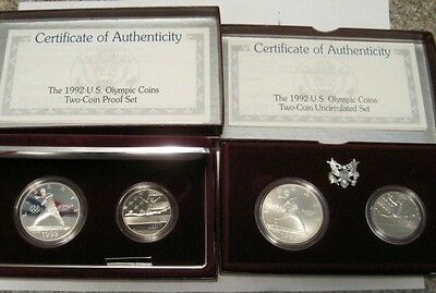 Lot of 4 Coins - 1992 Olympic Silver Dollars & Clad Half's, PROOF & UNC With COA