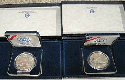 1987 Constitution Silver Dollars, PROOF & UNCIRCULATED (2 COINS, Box & COA)