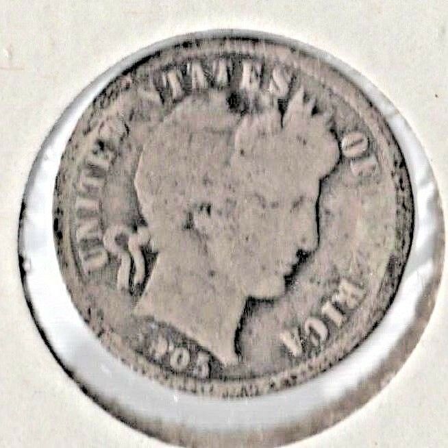 1905-S US BARBER LIBERTY HEAD DIME TEN CENTS HOLED AT CROWN