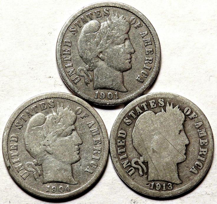 1901-O, 1904, 1913 BARBER SILVER DIMES. THREE 90% SILVER COINS. #320
