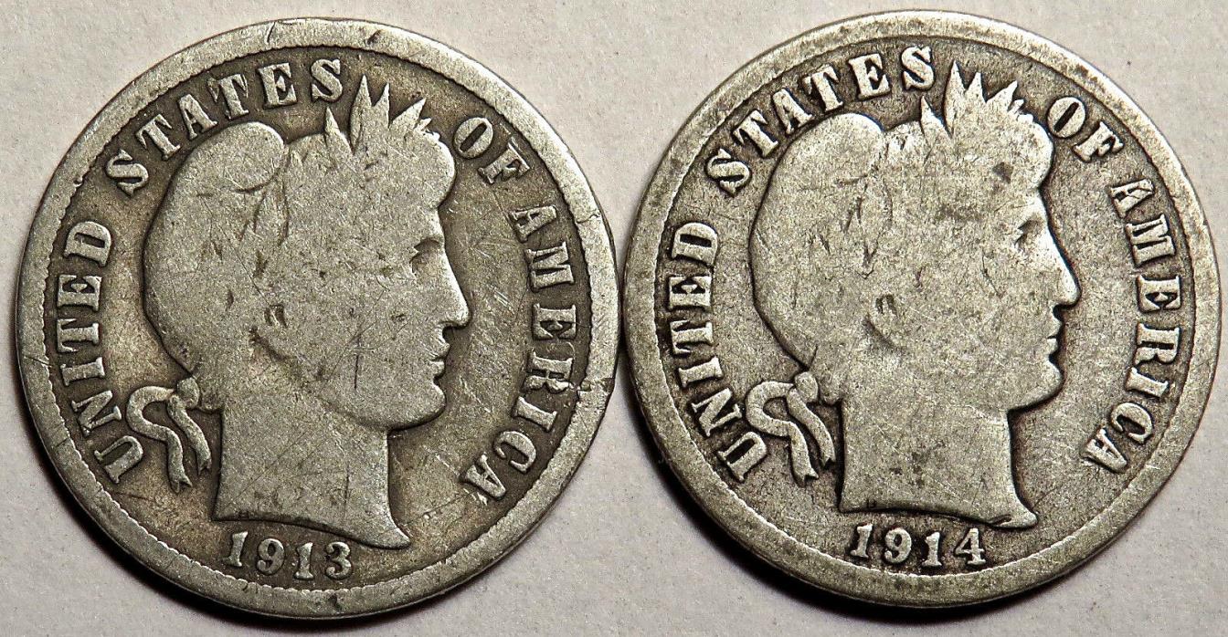 1913 +1914-D BARBER DIMES. TWO (2) SCARCE 90% SILVER COINS. #373