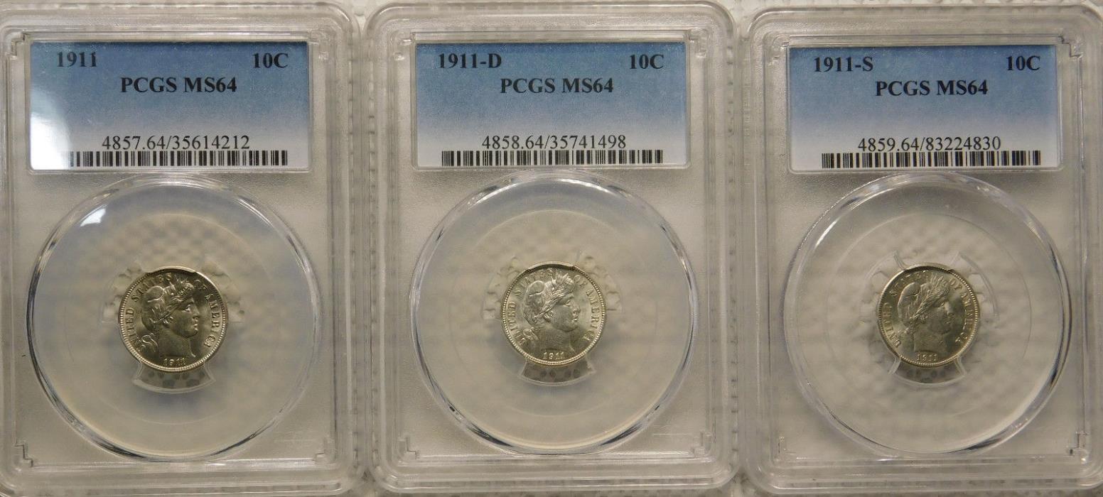 1911-P D S Silver Barber/Liberty Head Dime Certified PCGS Choice MS64 Sharp Set