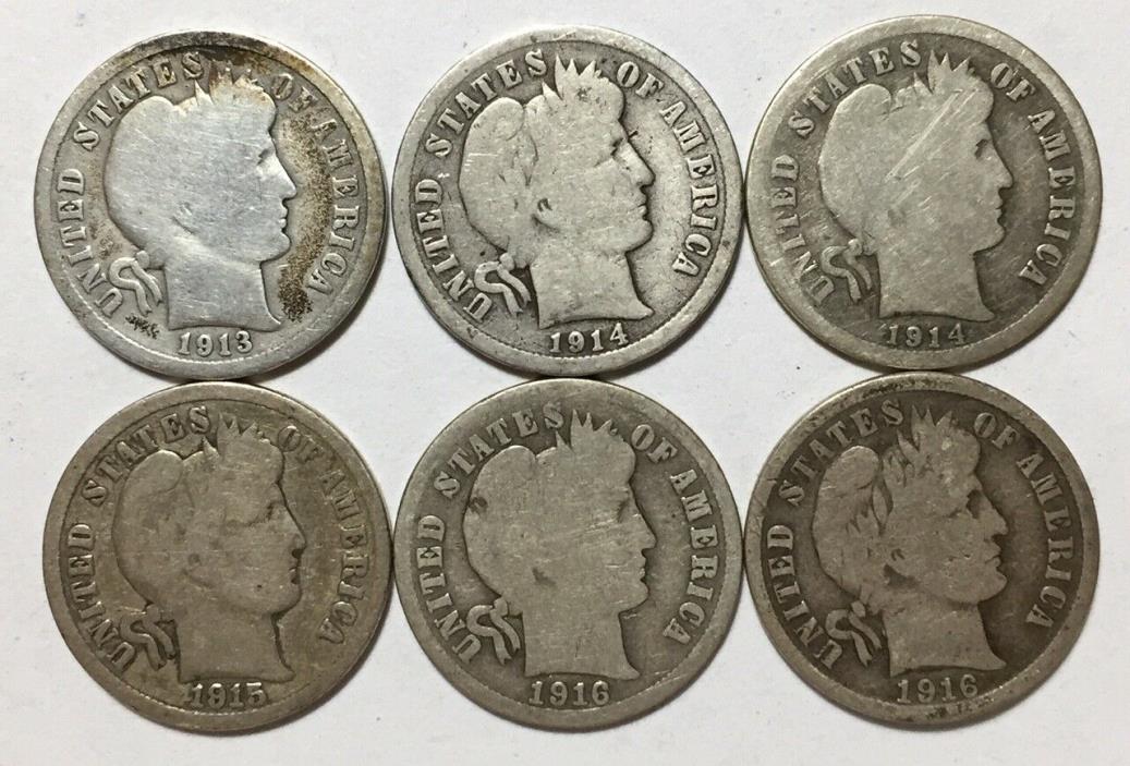 1913, 1914, 1914-S, 1915, 1916 and 1916-S 10C Barber Dimes 90% Silver