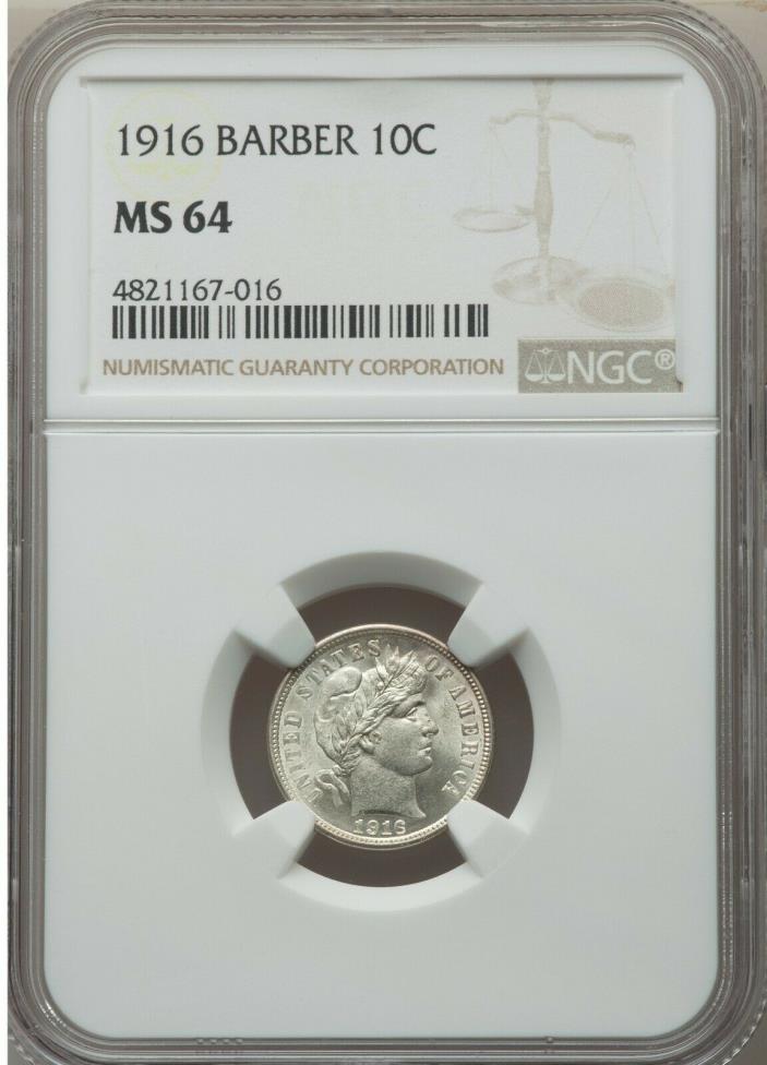 1916 Barber Dime MS 64 NGC 10c Frosty White Free Shipping Beautiful Coin!