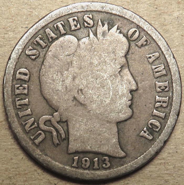 1913 BARBER SILVER DIME. GOOD/GOOD+ COIN. BOLD DATE & FULL RIMS. #Z20
