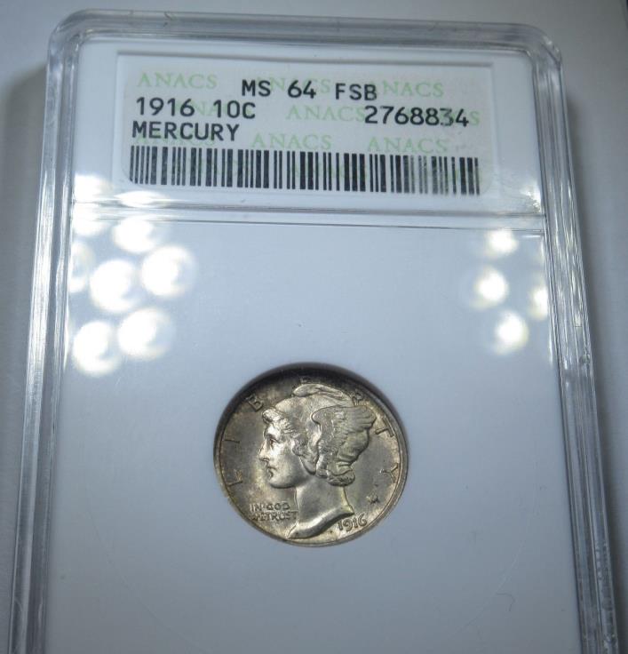 ANACS MS64 FSB 1916-P US 10c Barber Dime 10 Cent BU Uncirculated Antique Coin