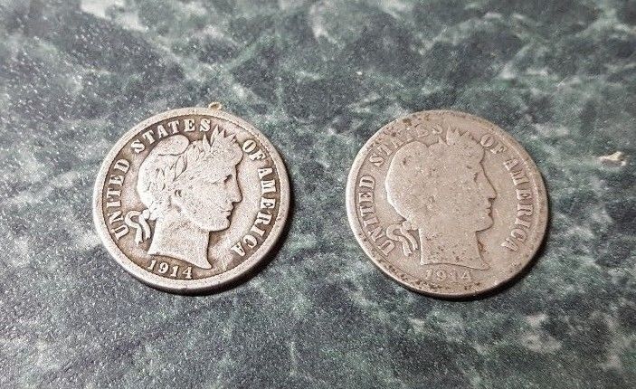 1914 P, D Barber dimes, circulated and ungraded.