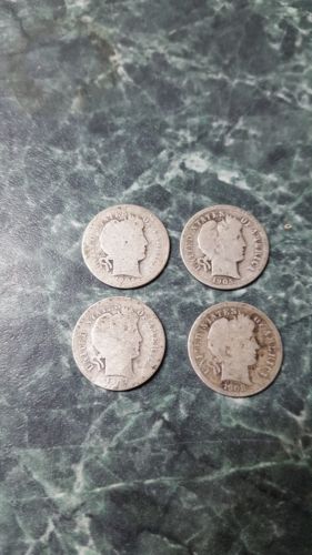 Barber dimes, lot of 4, (10c) P 1903, 1904, 1905, 1908, circulated, ungraded
