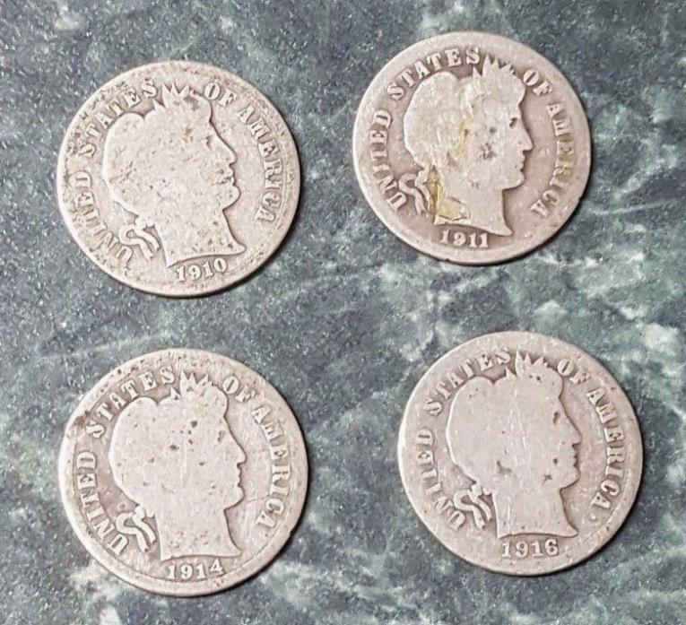Barber dimes, lot of 4 (10c), all P 1910, 1911, 1914, 1916, circulated, ungraded