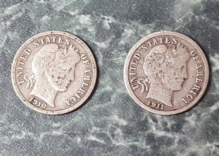 Barber dimes, lot of 2 (10c), P, 1910, 1911, ungraded, circulated