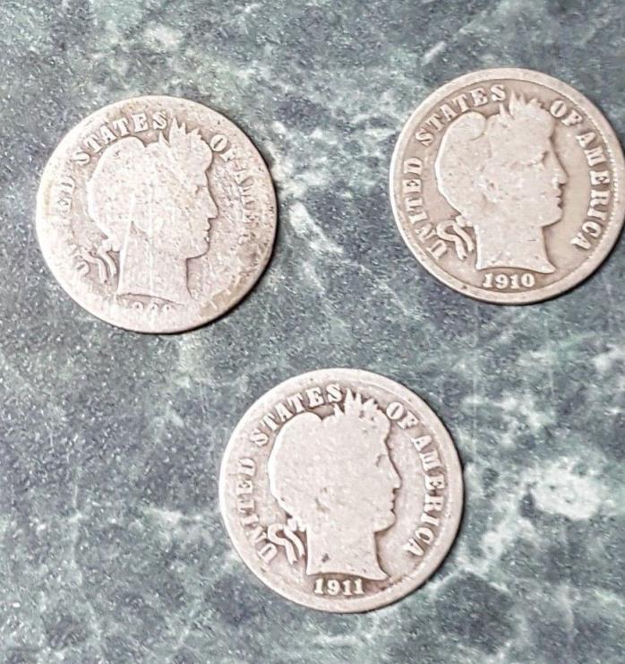 Barber dimes, (10c) Lot of 3, all P, 1908, 1910, 1911 circulated, ungraded