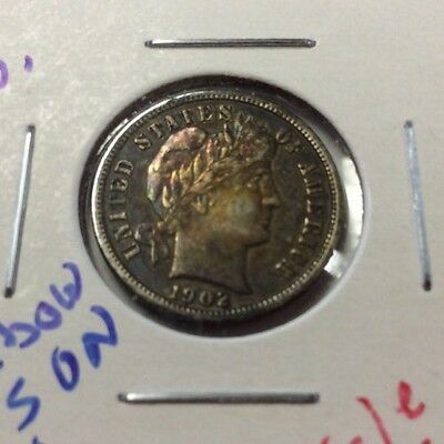 1902 10C Barber Silver Dime in AU++ Condition with Rainbow Toning