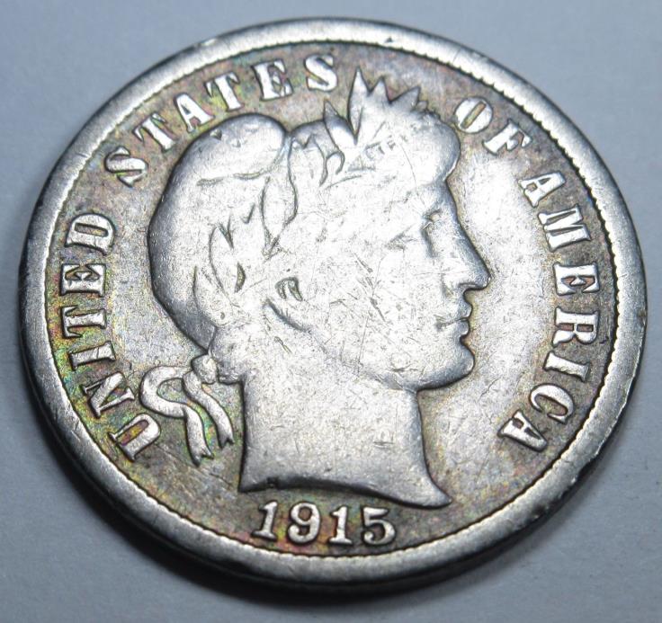 1915-S VF US Barber Dime Antique U.S. 10 Cent Currency Rainbow Toned Coin